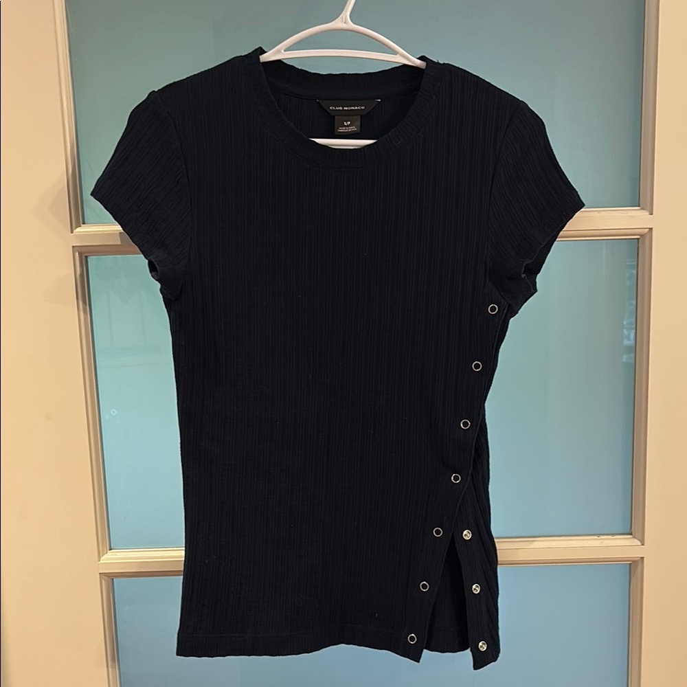 Club Monaco Black Ribbed Polo Cap Sleeve T-Shirt